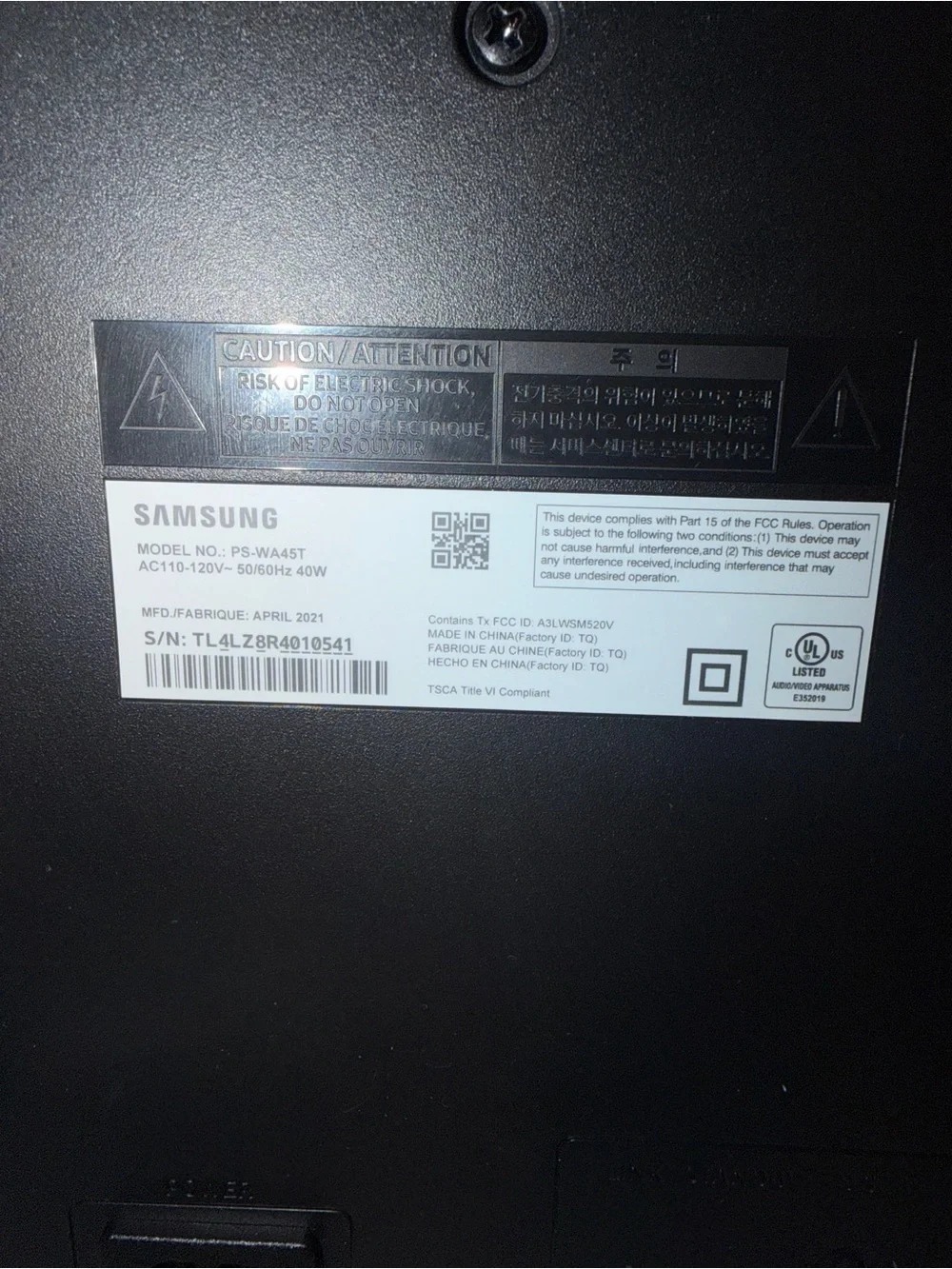 Samsung PS-WA45T Wireless Rectangular Subwoofer Speaker 40W RMS Black